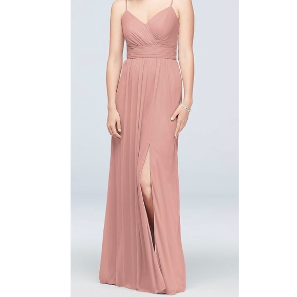 spaghetti strap ruched waist mesh bridesmaid dress